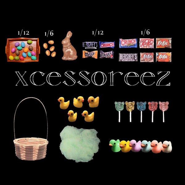 Dollhouse Miniature EASTER Basket Accessories: Eggs, Chocolate Bunny, Asst Candies, Baskets, Iridescent Green Grass & Ducks.