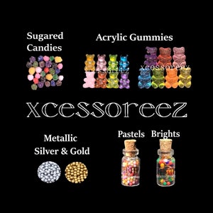 Dollhouse Miniature Candies: Sugared Balls, Gummy Bears, Pearlized Metallic Beads, Pastels/Brights M&M Candy Jars.