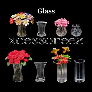 Dollhouse Miniature Clear Glass Vases: Small Fluted Curve, Large Fluted Curve & Fluted Cylinder.