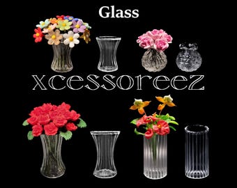 Dollhouse Miniature Clear Glass Vases: Small Fluted Curve, Rose Bowl, Large Fluted Curve & Fluted Cylinder.