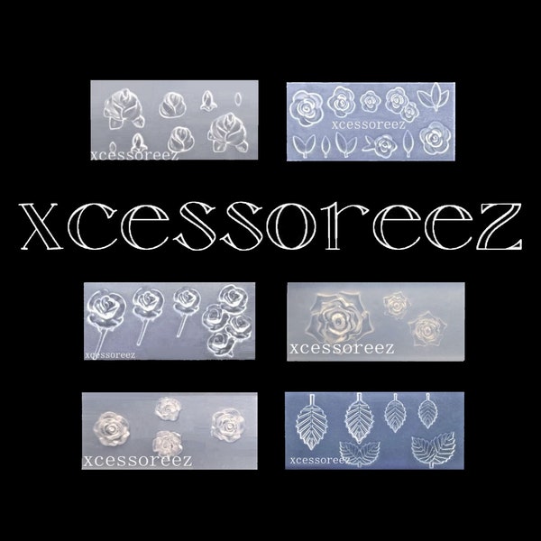 Asst Silicone ROSES & Leaf Nail Molds: Rose Bud, Long Stem, Asst w/Leaves, 4 Mini Roses and Rose Leaves for Jewelry, Dollhouse, ect.