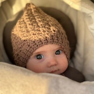 May include: A baby wearing a brown crocheted hat with a pointed top, nestled in a light-coloured stroller. The hat has a textured, ribbed design. The baby has wide eyes and is looking directly at the camera.