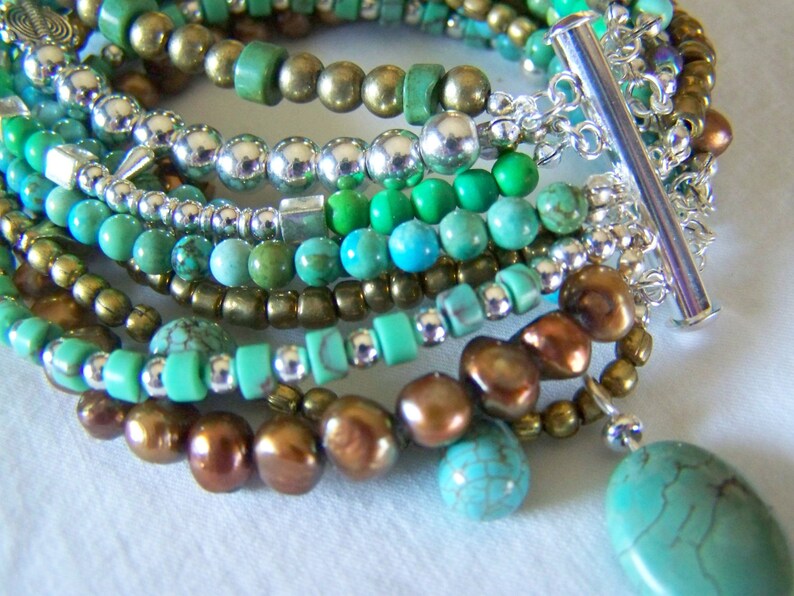 MULTI STRAND BRACELET ... turquoise and brown image 1