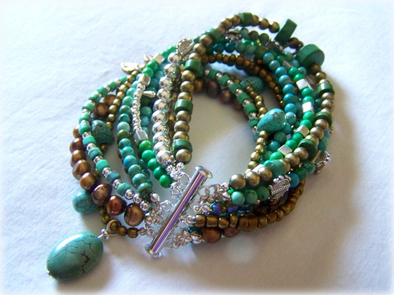 MULTI STRAND BRACELET ... turquoise and brown image 2