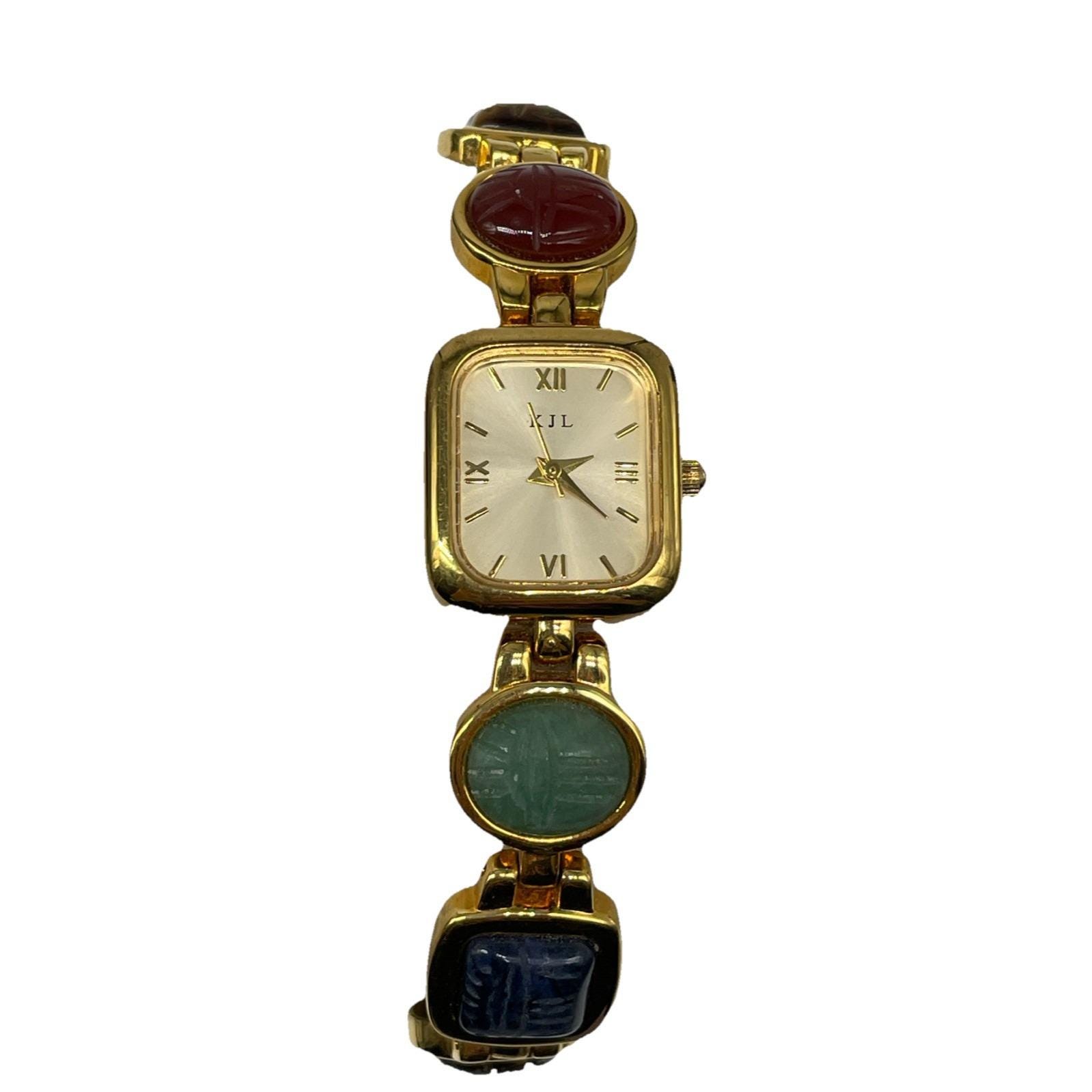 Vintage Scarab Egyptian KJL Kenneth Jay Lane Goldtone Watch w/ Multicolor Stones Vintage Kenneth Jay Lane® Egyptian Scarabs Watch, 6 Carved  main image 3