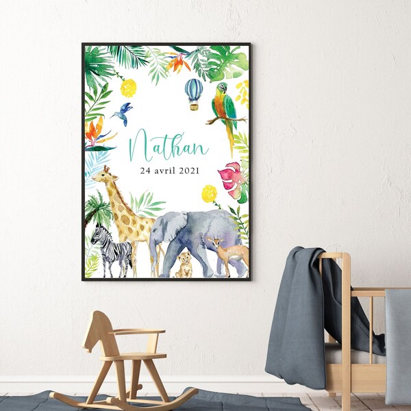 Affiche personnalisée Safari Jungle enfant aquarelle