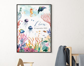 Personalized poster marine world corals fish children watercolor