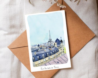 Illustrated postcard watercolor Roofs of Paris