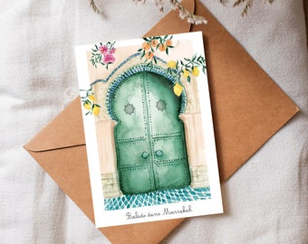 Carte postale illustrée aquarelle Marrakech Porte