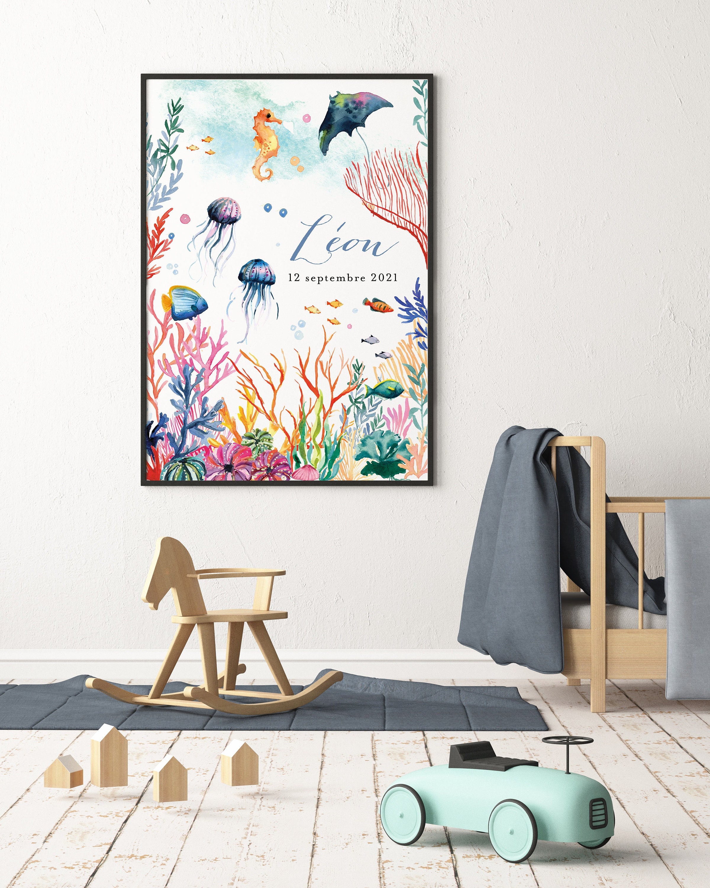 Affiche Personnalisée Monde Marin Coraux Poissons Enfant Aquarelle