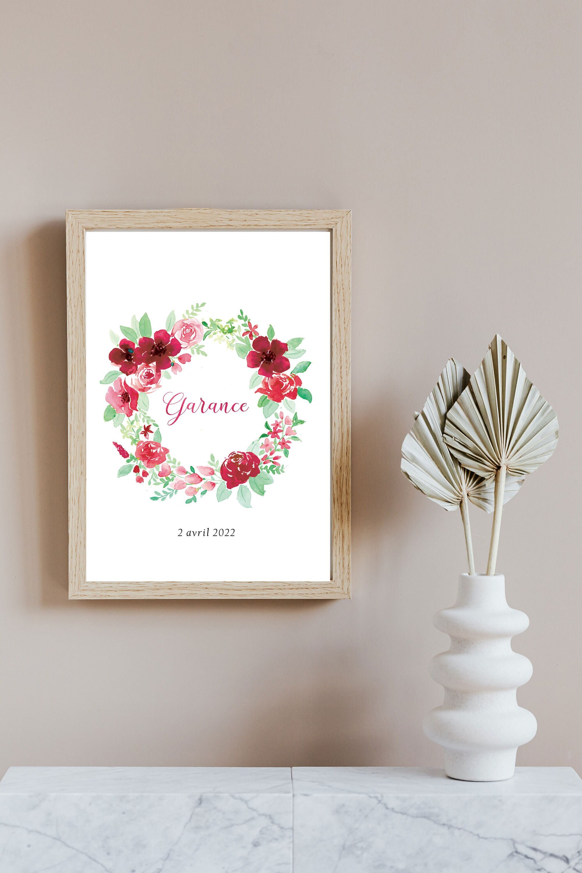 Affiche Personnalisée Couronne Fleurs Rouge Bordeaux Enfant Aquarelle