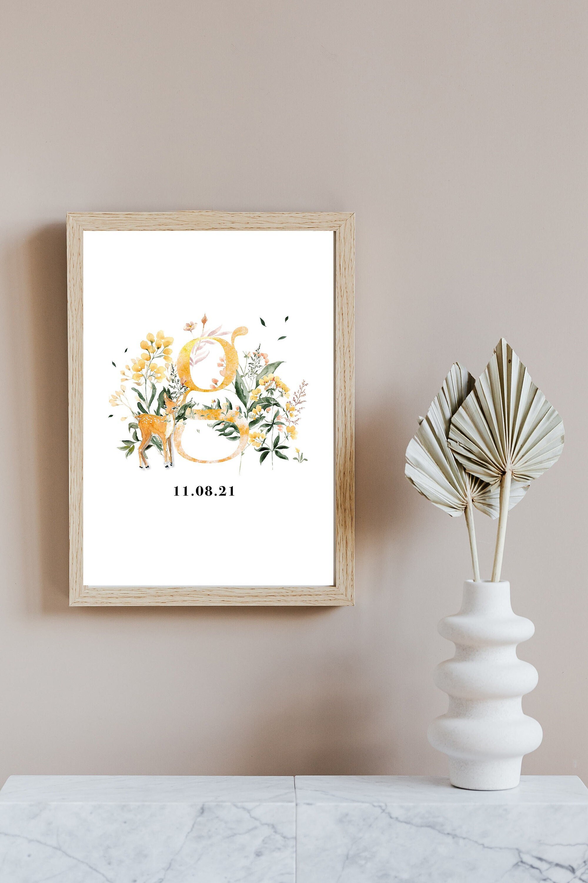 Affiche Personnalisée Monogramme Initiale Aquarelle Fleurs Chambre Enfant