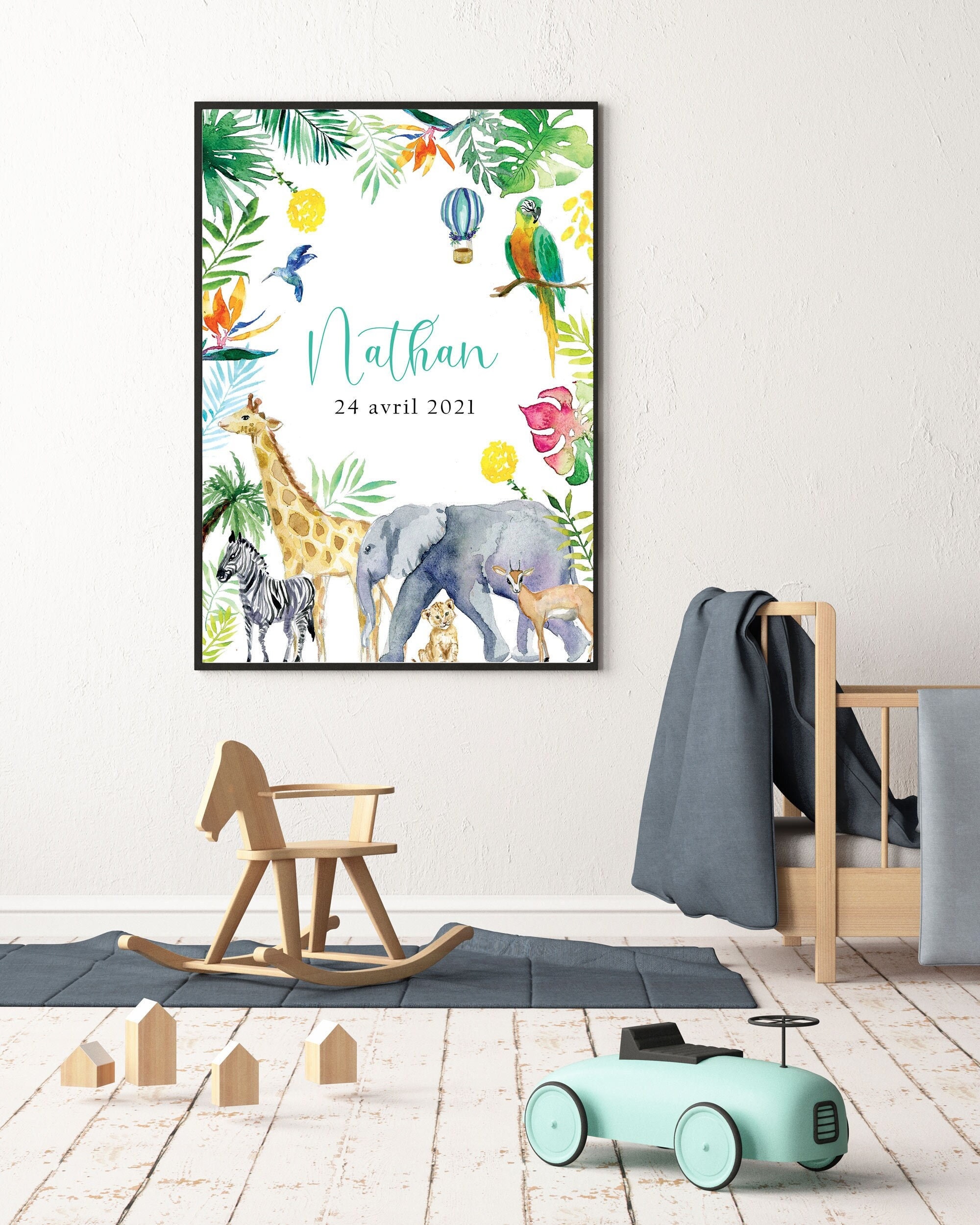 Affiche Personnalisée Safari Jungle Enfant Aquarelle