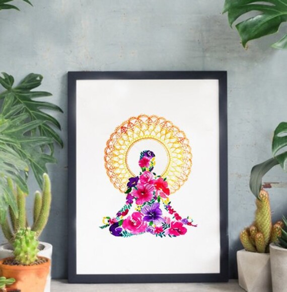 Affiche Méditation Yoga Fleurs Aquarelle Décoration