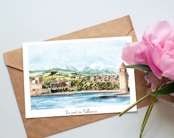 Illustrated postcard watercolor Collioures