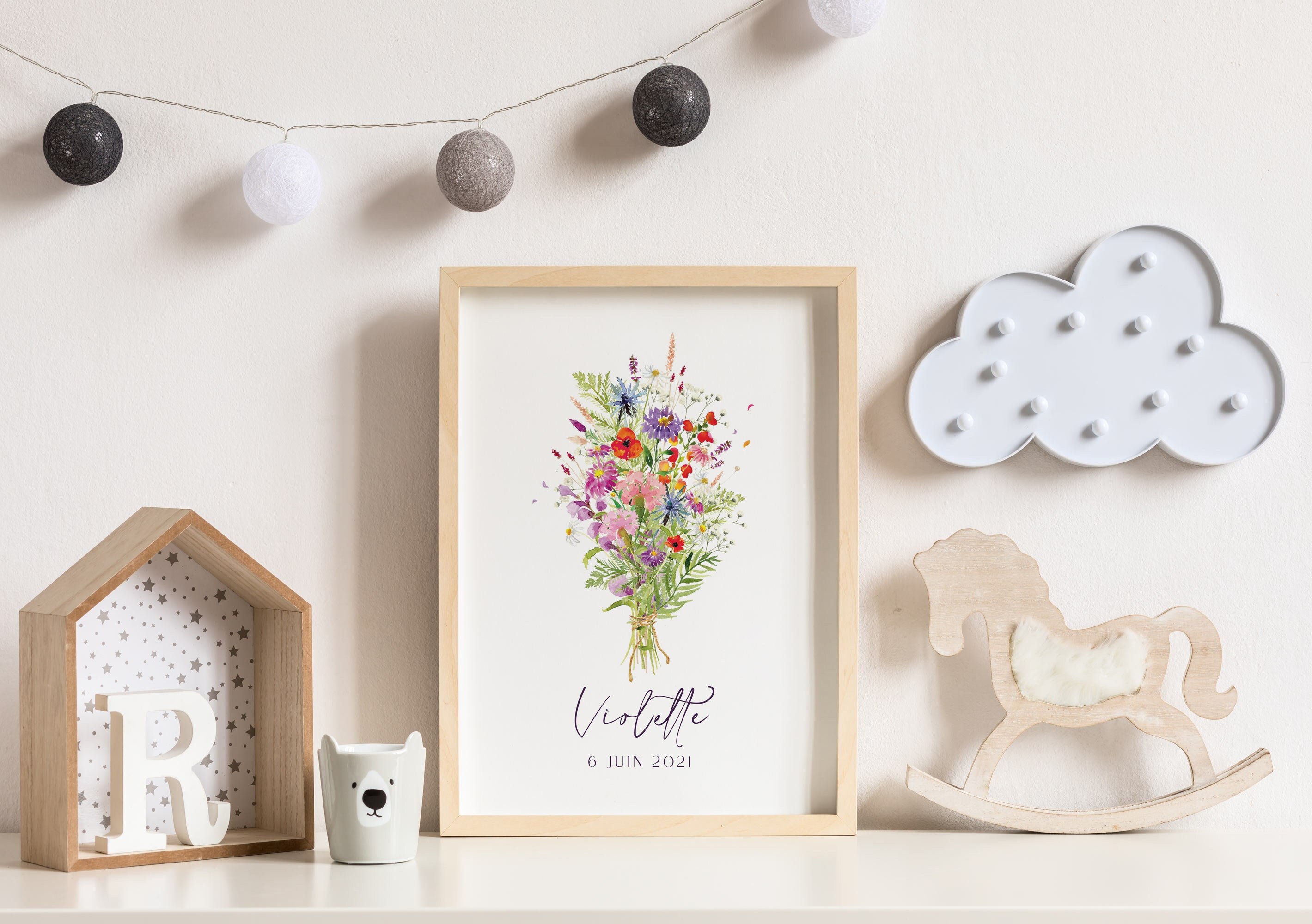 Affiche Personnalisée Bouquet de Fleurs Aquarelle Champêtre Chambre Enfant