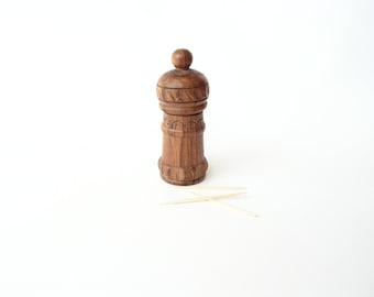 Wooden toothpick holder, Vintage wooden toothpicks box, Mini hand carved wood box, Small circular Pill box, Matchstick holder