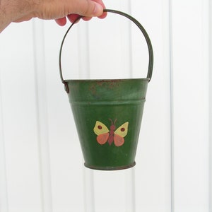 Vintage tin bucket butterfly Tin green sand pail Nursery toy Vintage metal sand pail Garden décor Decorative storage Pretend play toy