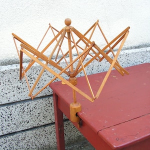 Antique wooden spinning wheel, Manual spinning thread, Umbrella swift yarn, Primitive yarn winder, Tool manual spinning