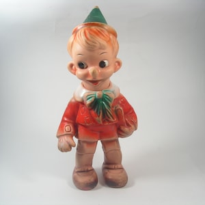 Pinocchio doll, Vintage distressed plastic doll Pinocchio, Buratino rubber doll, Pinocchio toy movable head, Moving doll