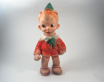 Pinocchio doll, Vintage distressed plastic doll Pinocchio, Buratino rubber doll, Pinocchio toy movable head, Moving doll