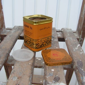Vintage box of jasmine tea Tea tin box Collectible metal box for China Tea orange Old painted box Rectangular metal box