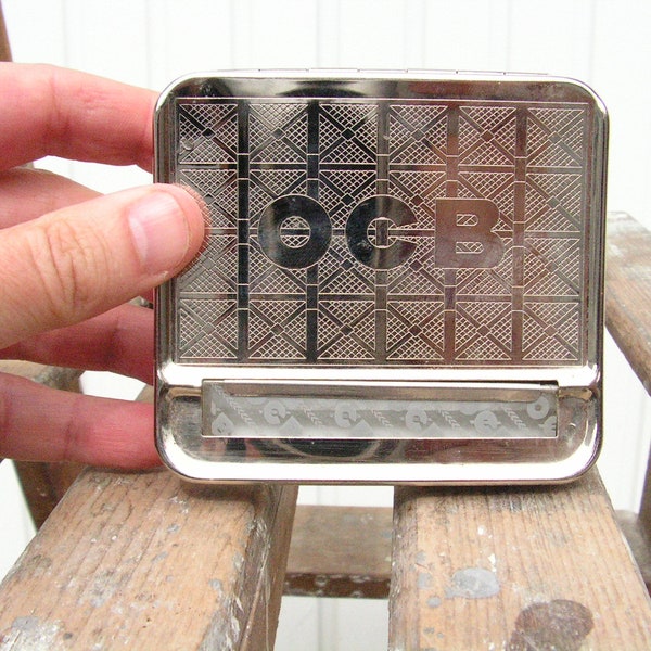 étui à cigarettes vintage rollerbox, machine à rouler le tabac, ancien étui à cigarettes gravé, support en métal rétro, porte-tabac, cadeau pour fumeur