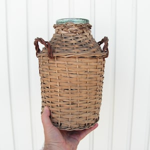 Vintage jar with natural threads Rustic wicker pickling jar Hand-knitted rattan wicker bottle Lovely water wine bottle Wrapped rustic jar