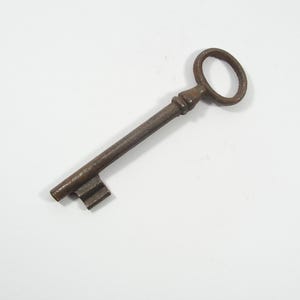May include: An antique metal skeleton key with a dark, weathered brown finish. The key features a simple oval-shaped bow, a long cylindrical shank, and a single bit with a notched edge at the end, showing signs of age and oxidation throughout.