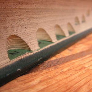 May include: Close-up of a vintage book with arched cutouts along the edge. The pages are aged with a speckled texture, and green markers are visible within the cutouts. The book's spine is dark green, resting on a wooden surface.