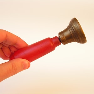 Vintage brass school bell Wonderful solid bell Handheld old bronze bell plastic handle Hand made bell with ornaments Melodic brass bell