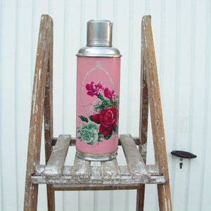 Vintage chinese thermos Thermos red flowers Old pink travel thermos Retro vacuum thermos Camping metal thermos Vacuum flask Kitchen decor