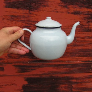 Vintage teapot 1975s Small enamel teapot Enamel kettle Milky blue teapot Collectible teapot Vintage enamelware Kitchen decoration