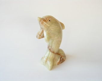 Figura de delfín de ónix vintage, escultura de piedra tallada a mano.