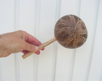 Vintage carved maracas, Hand-made brown maracas wooden handle, Percussion musical instrument, Wooden maracas, Old music instrument