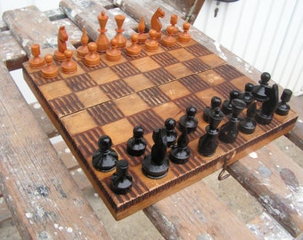 Wooden chess set wooden figures, Vintage chess, Small chessboard, Chess game, Pyrography game board, Old board game