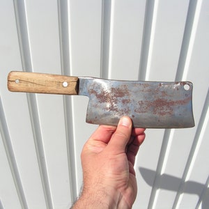 Vintage cleaver wooden handle, Meat chopper patina, Sharp meat cleaver, Solid butcher knife, Chopping metal knife, Kitchen Cleaver