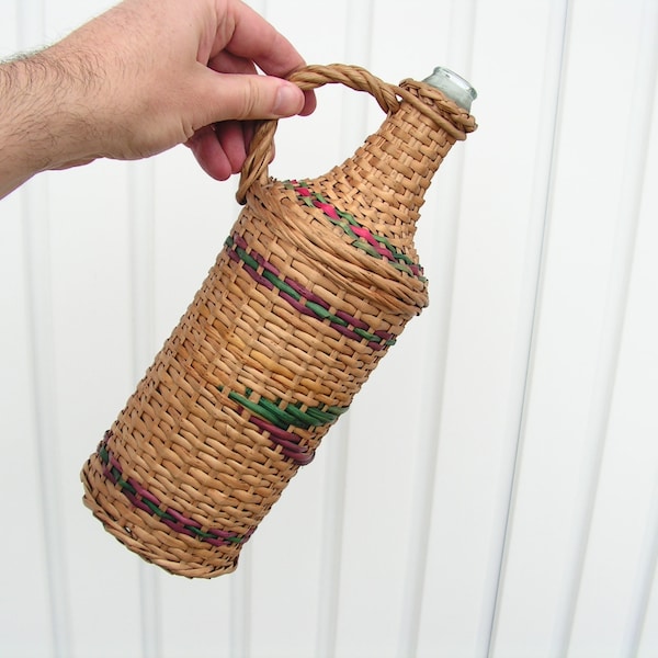 Vintage bottle with colored threads Hand-knitted wicker bottle with handle Lovely water wine bottle Wrapped rustic bottle Kitchen decor