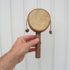 Vintage lovely leather drum Rattle drum wood handle Professional drum wooden balls Tribal music instrument Folk art instrument percussion