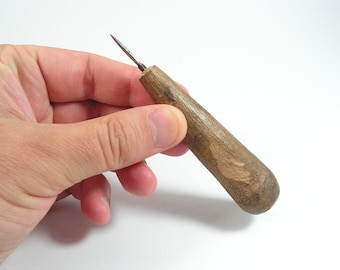 Vintage wooden handled awl 30s Sewing awl Primitive tool Awl patina wooden handle Folk art wood carving Wood handle punch