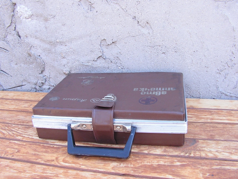 Vintage travel car medical kit, Medical bag, Leather doctor bag, Red cross, First aid kit, First aid suitcase on the road image 1