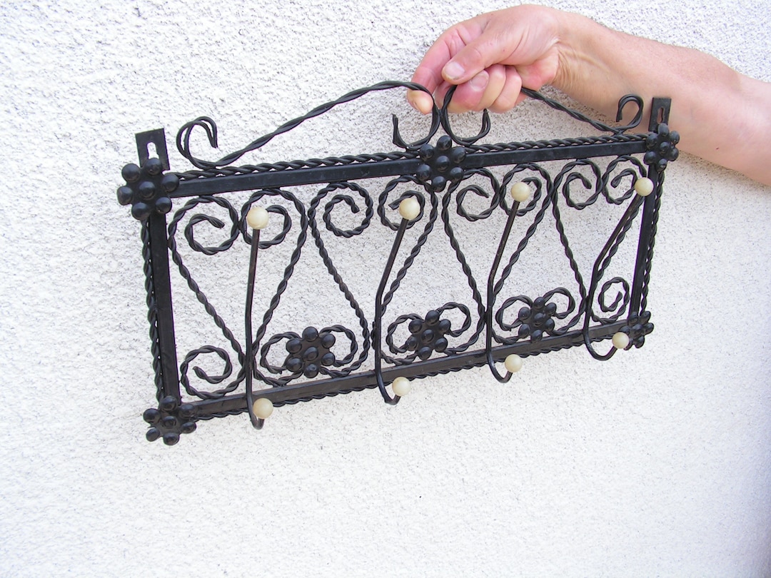 Handwrought Iron Hanger Vintage Massive Metal Hanger Wall Black Hanger