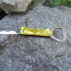 Vintage Yellow pocket knife Retro folding clasp knife Multi tool knife 3 in 1 Pocket celluloid handle Knife collection
