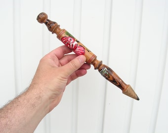 Vintage Oversized Wood Pencil, Hand-Painted Floral Decor