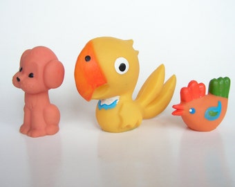 Vintage Rubber Toys, Set of 3 vintage rubber toys, Rubber parrot,  Rubber chicken, Rubber dog, Mini Toys, Collectible Toy, Gifts for kids
