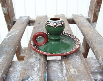 Glazed Pottery Candlestick with Finger Loop, Handmade Ceramic