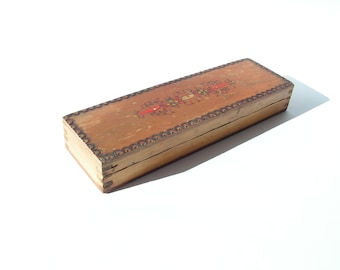 Vintage wooden pen box Pencil case pyrography Pen holder socialist period Hand painted pencil box Student pen case School supplies