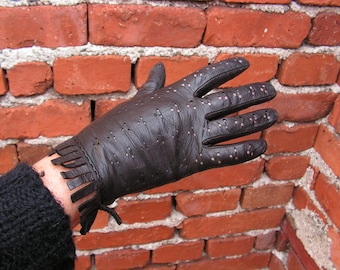 Woman black leather gloves Female stylish gloves Ladies black gloves Exquisite Genuine leather gloves Ladies fringe gloves Woman's accessory