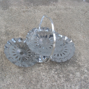 Vintage Three Tier Folding marking, Metal Serving Tray, Dessert Tray, Silver ton Plated Serving Tray, Sweet tray with handle, 1970s