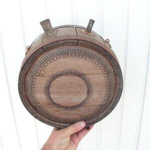 Antique wooden barrel pot Handmade barrel metal rings Primitive pot vessel Wood bowl Folk art Rustic garden decor